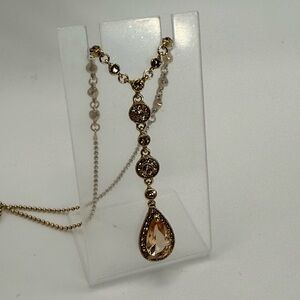 Gold Teardrop Pendant Necklace with Champagne Peachy Crystal